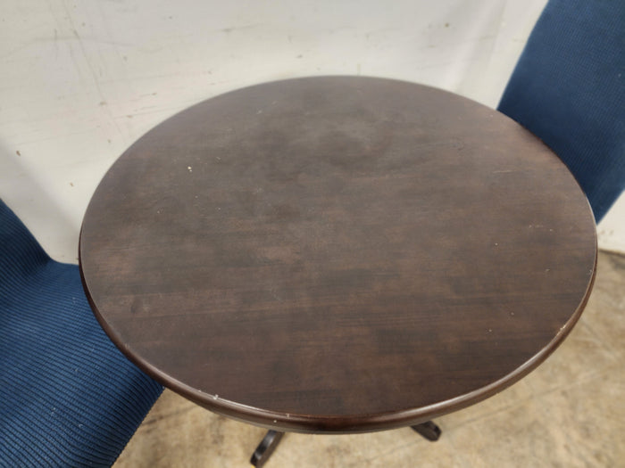 Dark Wood Dining Table with 2 Blue Chairs