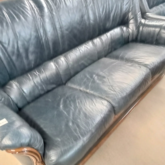 Navy Blue Leather 3-Seat Sofa W/Curved Wood Trim #FC3