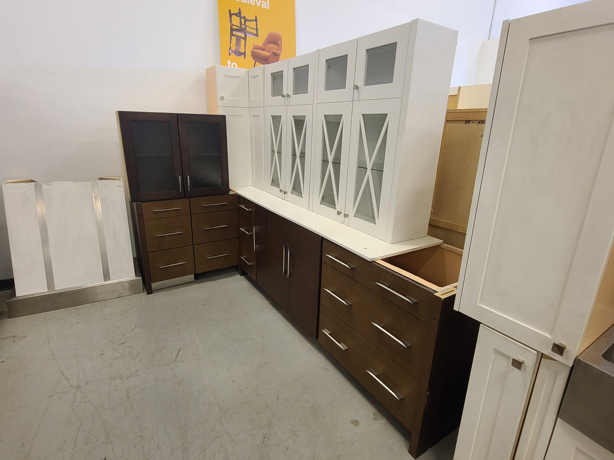 Set of 9 White and Brown Kitchen Cabinets