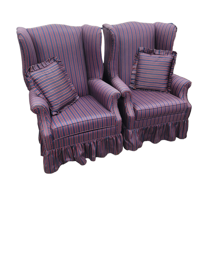 Navy And Red Pinstriped Wingback Chairs