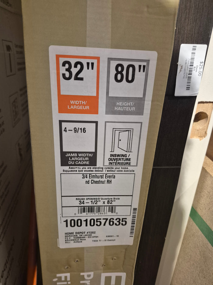32" x 80" x 4-9/16-inch Chestnut 3/4 Lite Elmhurst Single Fibreglass Prehung Front Door RH