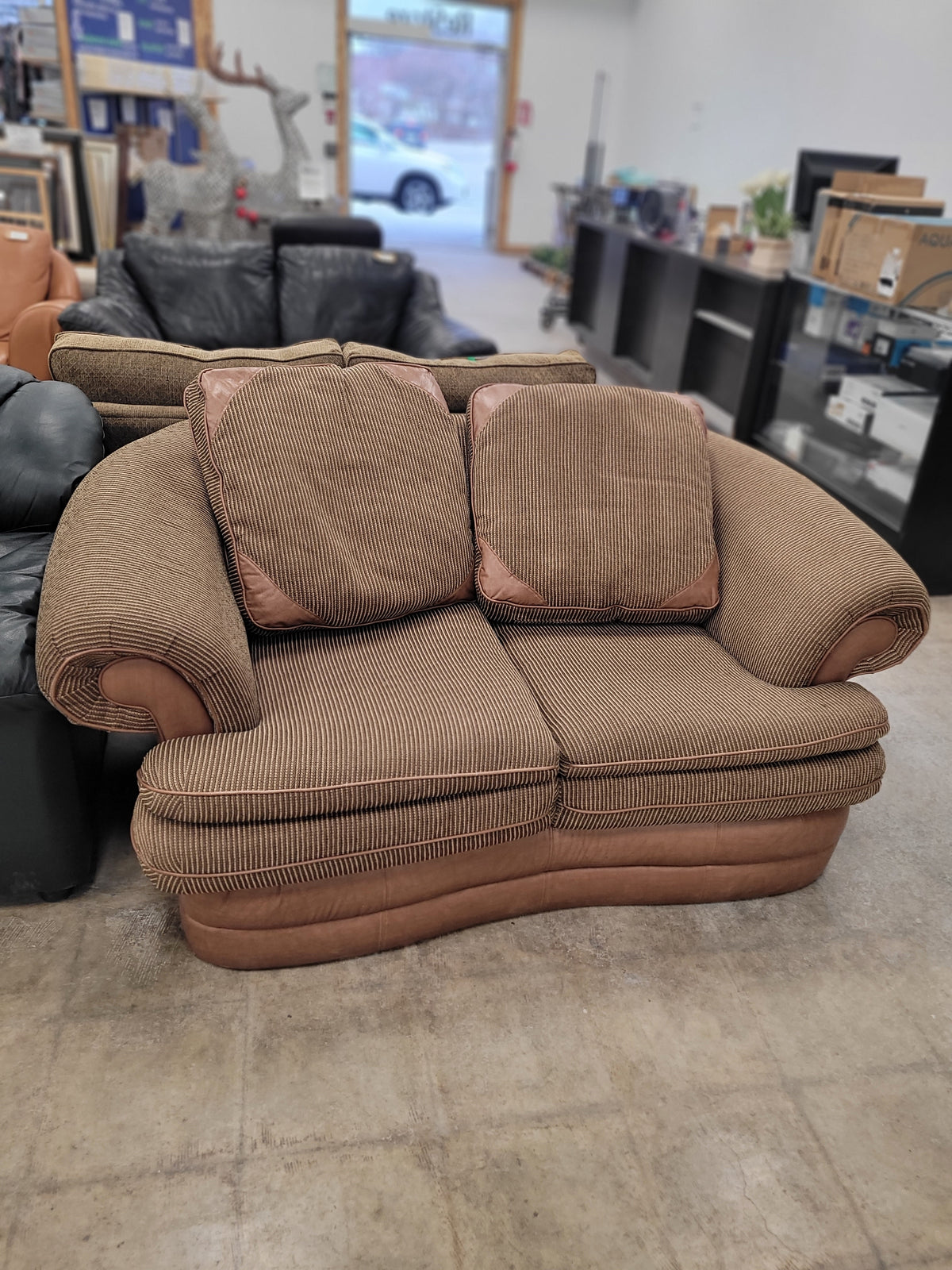 Striped Loveseat With Leather Piping