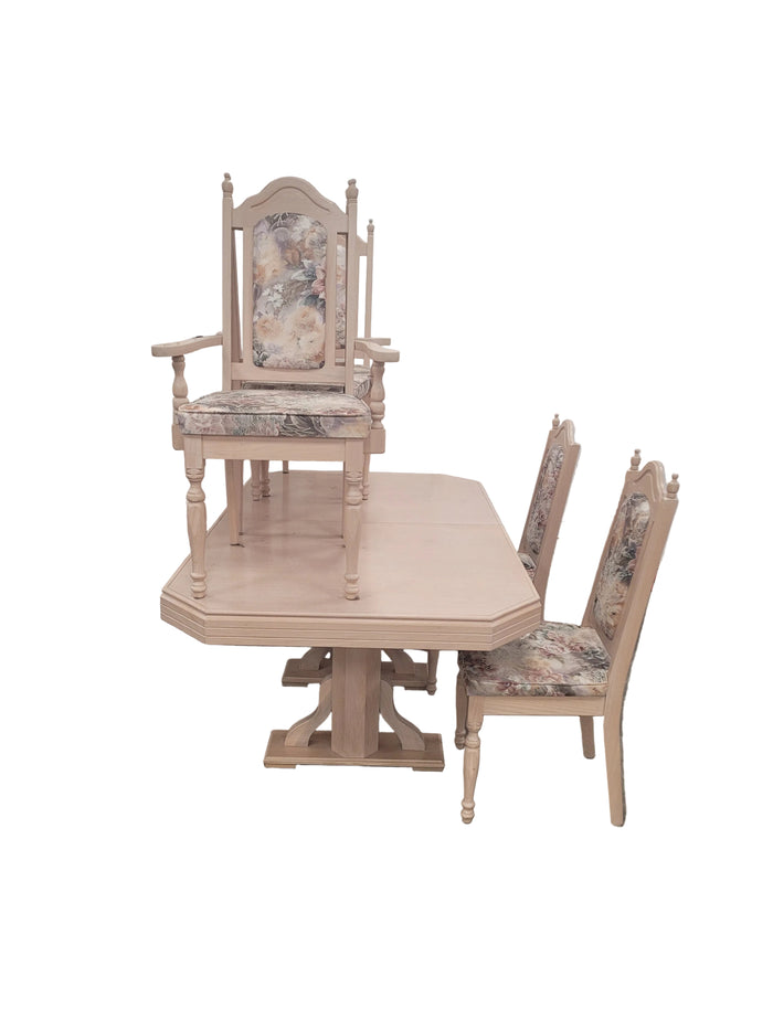 Light Blonde Pedestal Dining Set W/ Floral Chairs