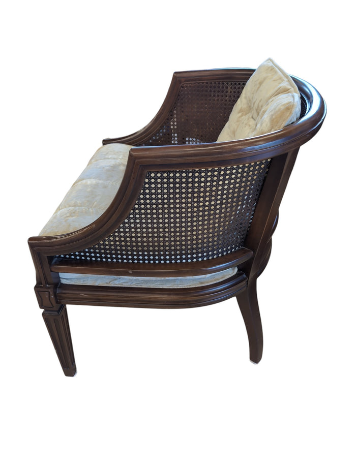 Vintage Cane‑Side Armchair with Tufted Cushions