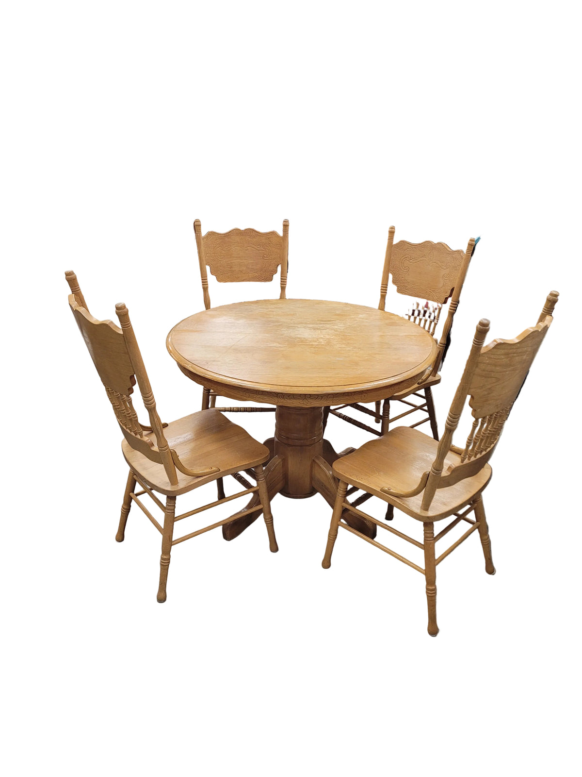 Round Pedestal Light Oak Table W/ Pressed Back Oak Chairs