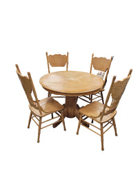 Round Pedestal Light Oak Table W/ Pressed Back Oak Chairs