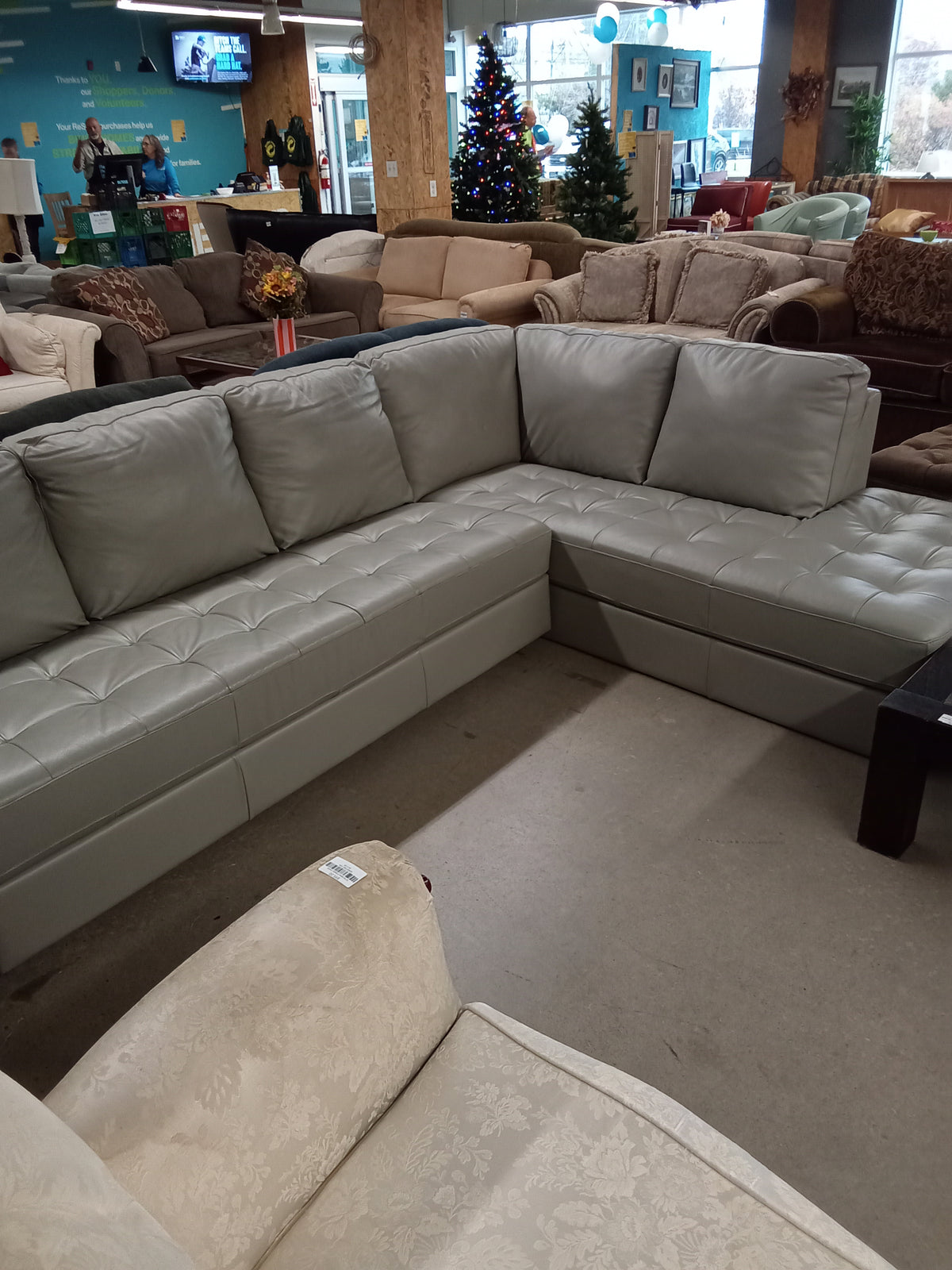 120"W 2-Piece Sectional Sofa in Gray Leather (No Legs)
