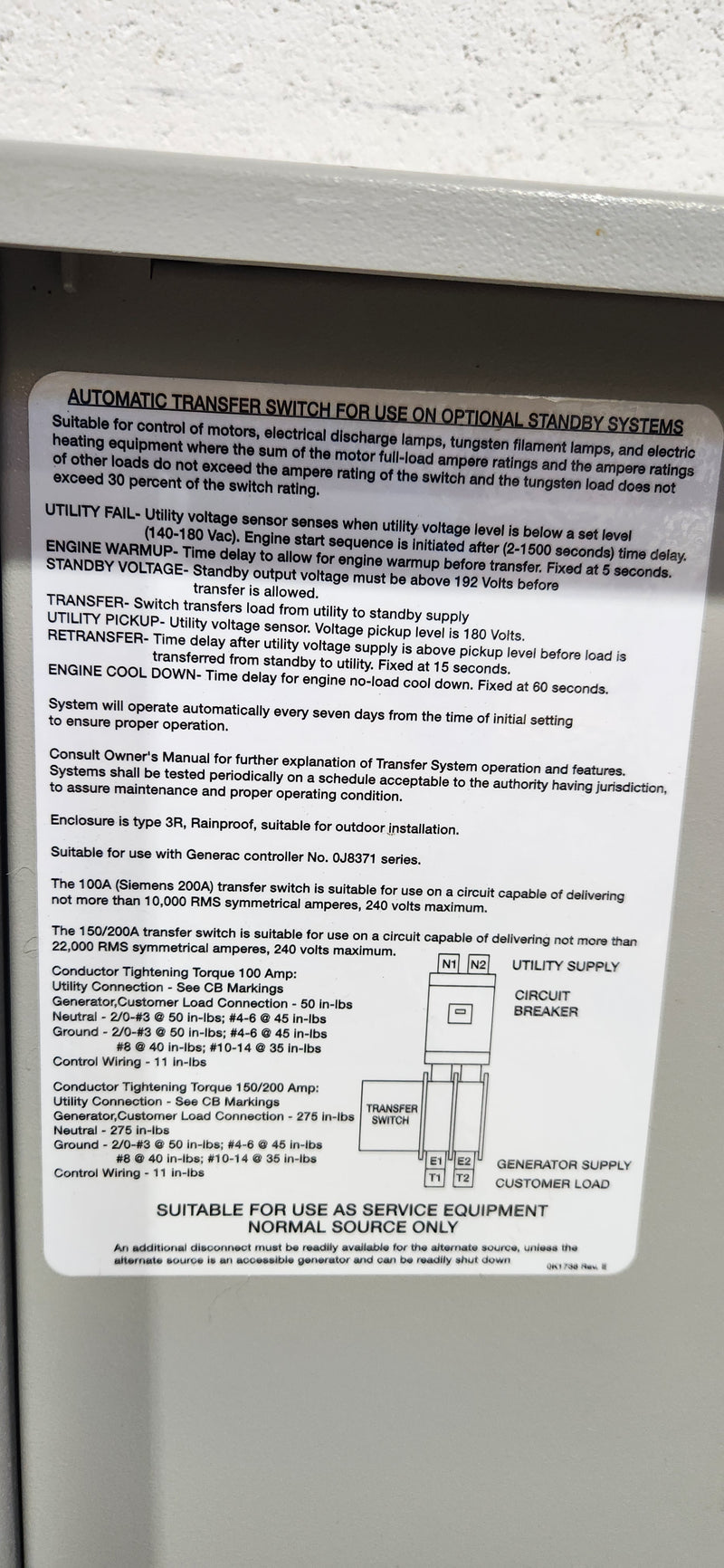 Generac 200 Amp Automatic Transfer Switch