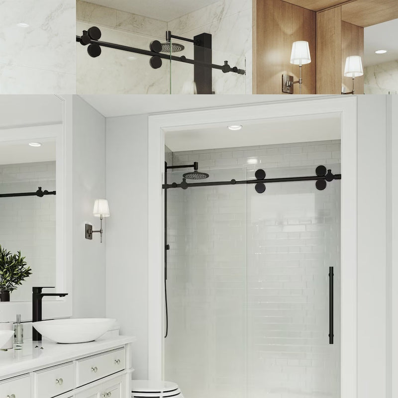 Elan Frameless Sliding Shower Door in Matte Black with Clear Glass and Handle