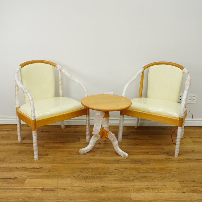 Wooden Armchair & Round Coffee Table Set in White & Oak
