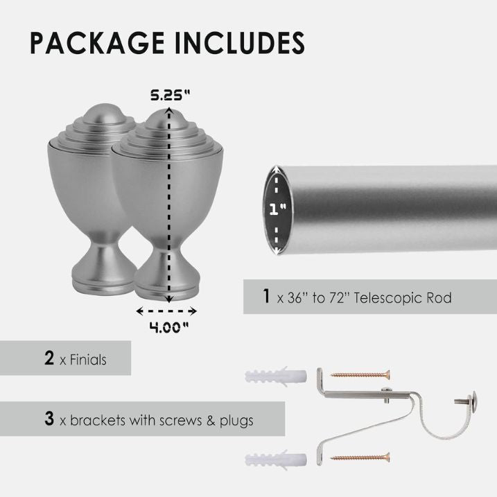 Tailor & Taylor 1‑Inch Adjustable Curtain Rod Set – Silver – 36 to 72-inch