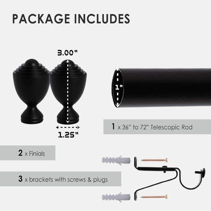 Tailor & Taylor 1‑Inch Adjustable Curtain Rod Set – Black – 36 to 72-inch