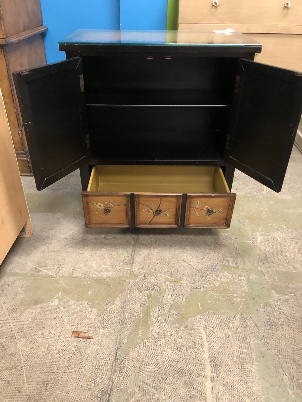 Chinese Distressed Black Yellow Scenery Graphic End Table Nightstand