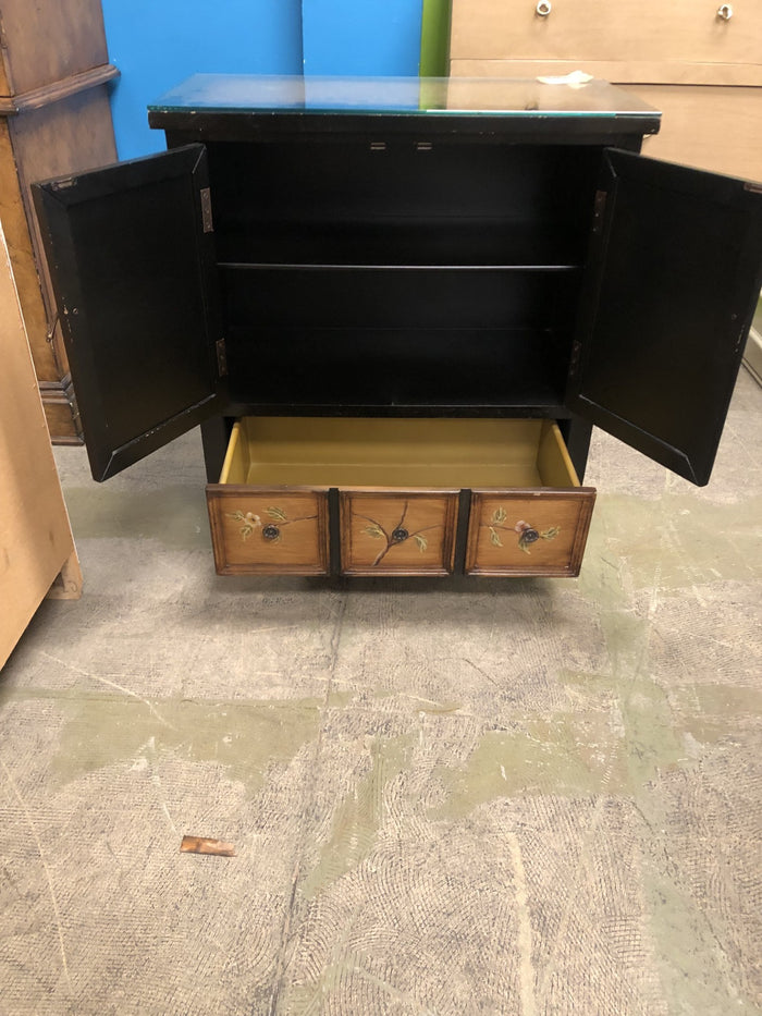 Chinese Distressed Black Yellow Scenery Graphic End Table Nightstand