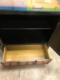 Chinese Distressed Black Yellow Scenery Graphic End Table Nightstand