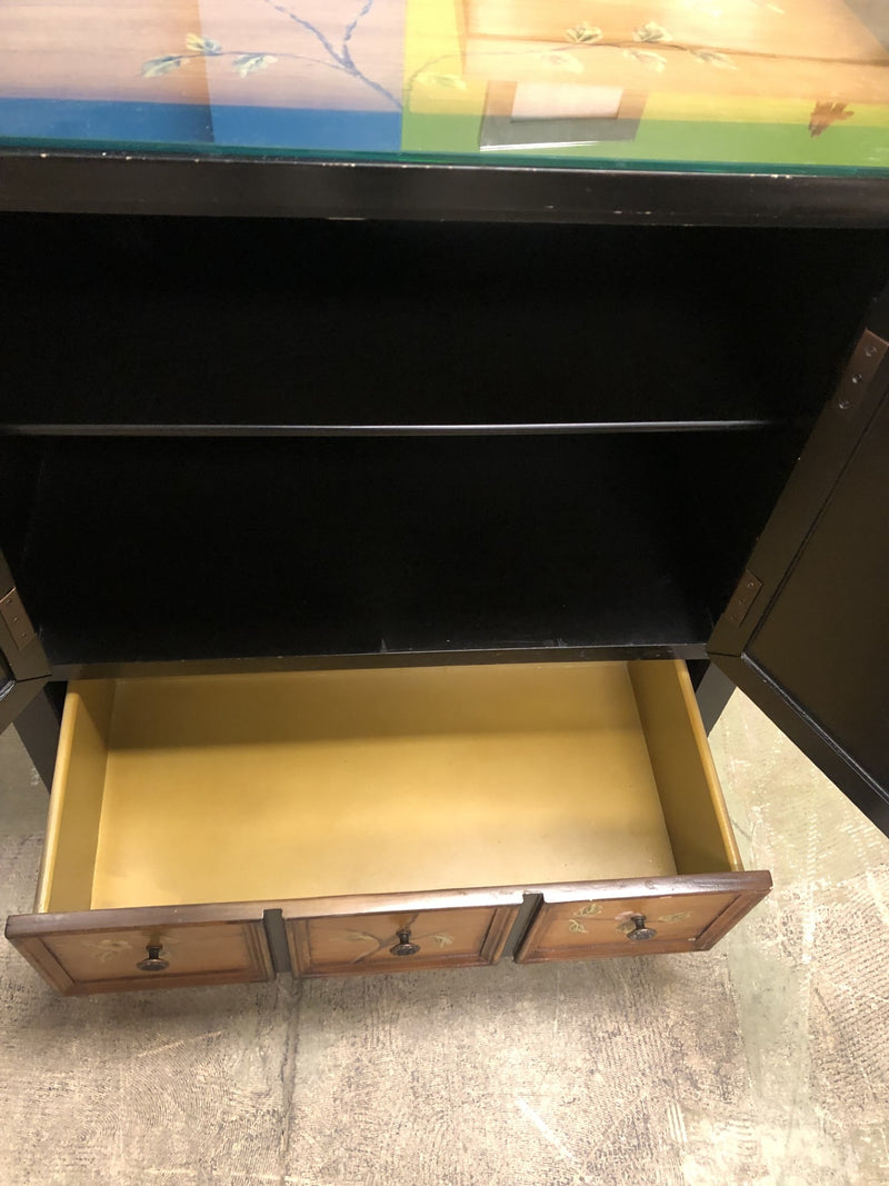 Chinese Distressed Black Yellow Scenery Graphic End Table Nightstand