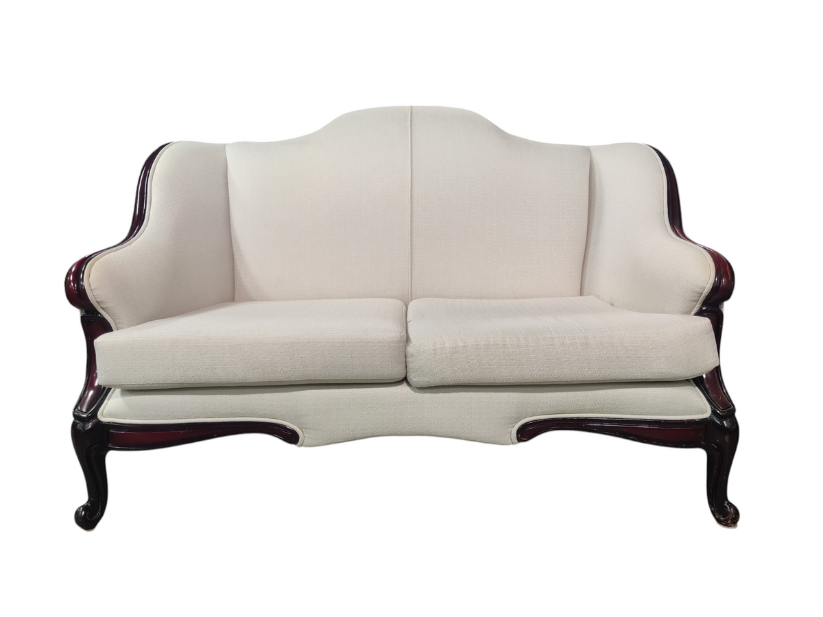 White Loveseat with Deep Red Wood Frame