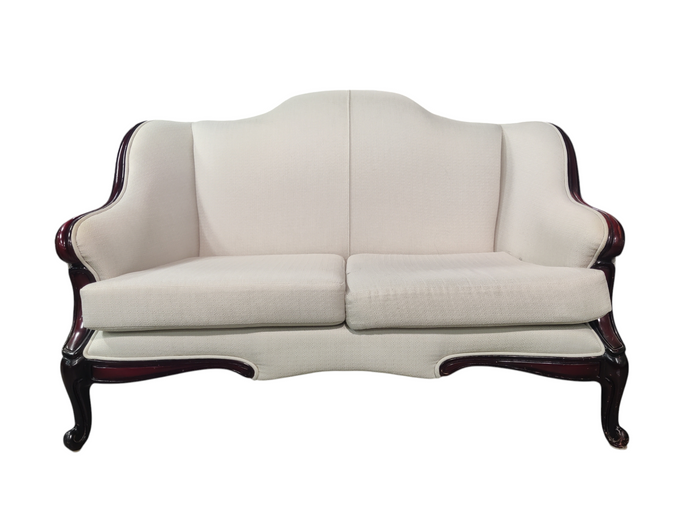 White Loveseat with Deep Red Wood Frame