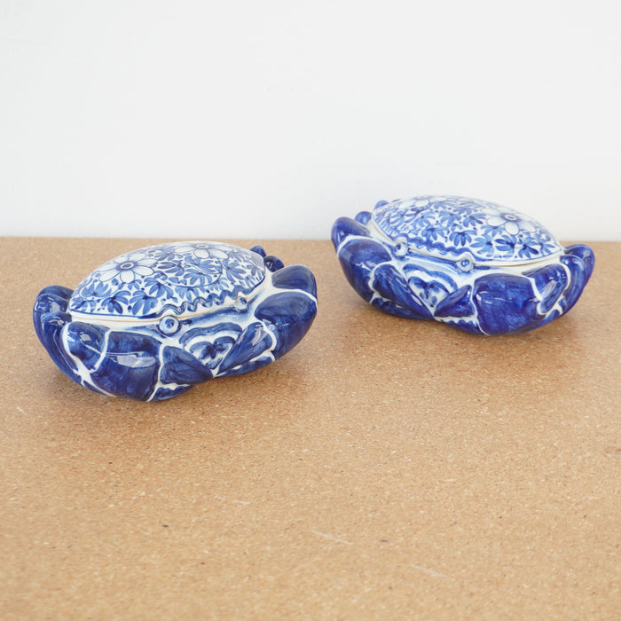 Vintage Blue and White Porcelain Crab Trinket Box - Set of 2