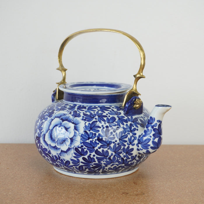 6.5-inch W Vintage Blue and White Porcelain Lidded Teapot w/ Brass Handle