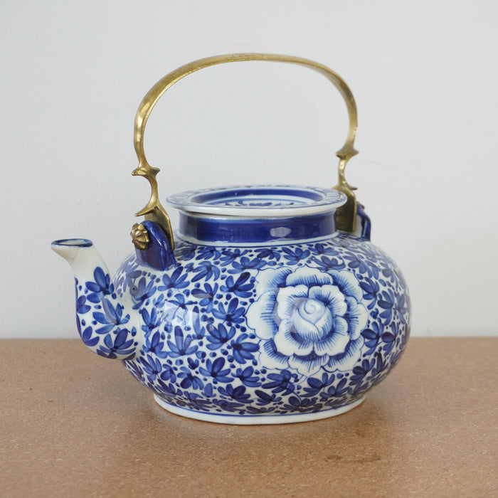 6.5-inch W Vintage Blue and White Porcelain Lidded Teapot w/ Brass Handle