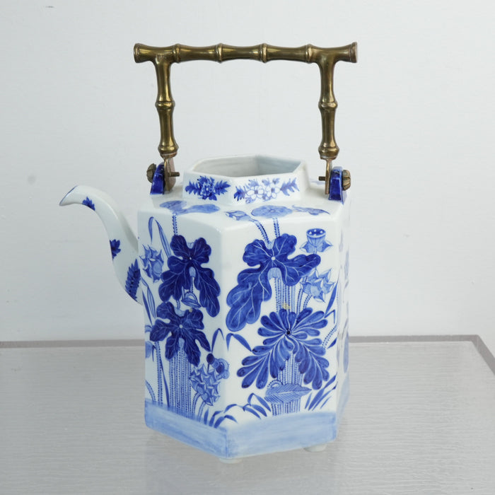 Vintage Blue and White Porcelain Octagonal Teapot w/ Brass Handle