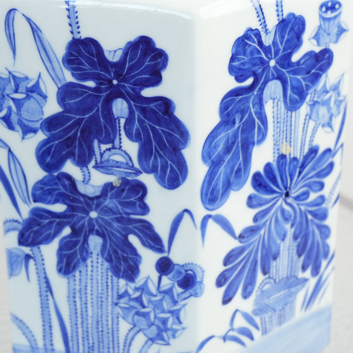 Vintage Blue and White Porcelain Octagonal Teapot w/ Brass Handle