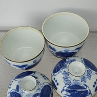 Vintage Thai Blue & White Porcelain Lidded Bowl - Set of 2