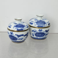 Vintage Thai Blue & White Porcelain Lidded Bowl - Set of 2