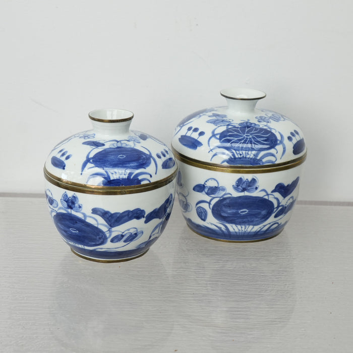 Vintage Thai Blue & White Porcelain Lidded Bowl - Set of 2