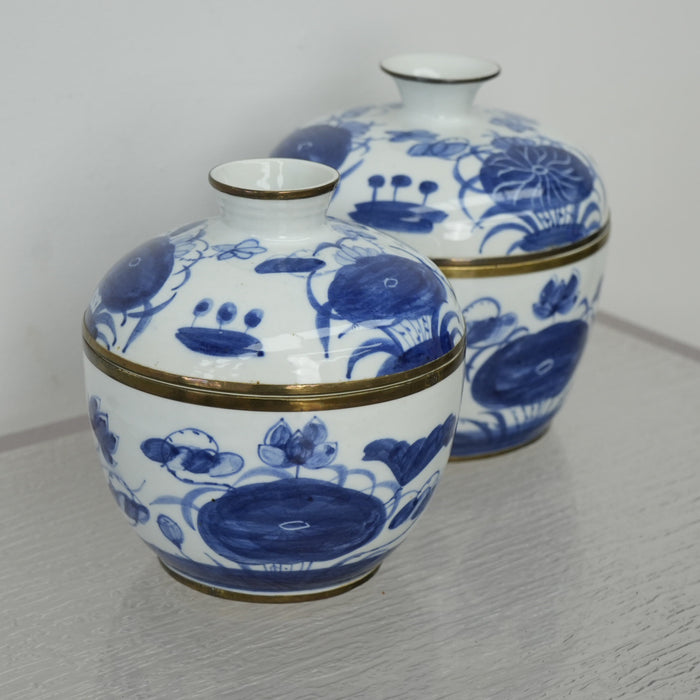 Vintage Thai Blue & White Porcelain Lidded Bowl - Set of 2