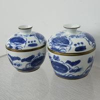 Vintage Thai Blue & White Porcelain Lidded Bowl - Set of 2