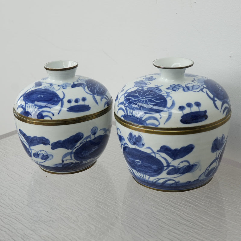 Vintage Thai Blue & White Porcelain Lidded Bowl - Set of 2
