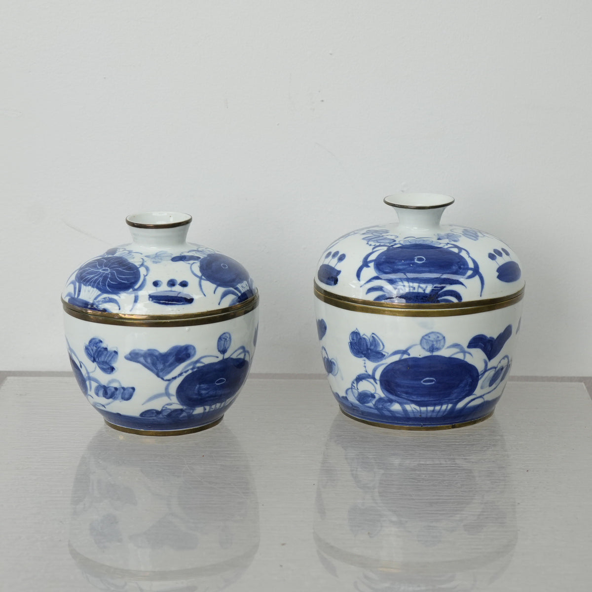 Vintage Thai Blue & White Porcelain Lidded Bowl - Set of 2