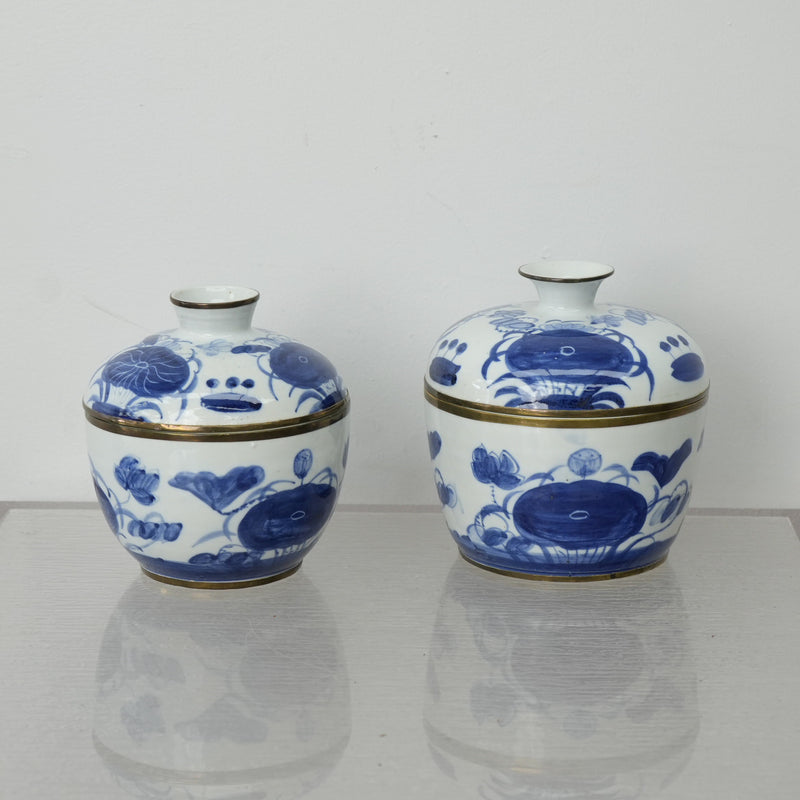 Vintage Thai Blue & White Porcelain Lidded Bowl - Set of 2