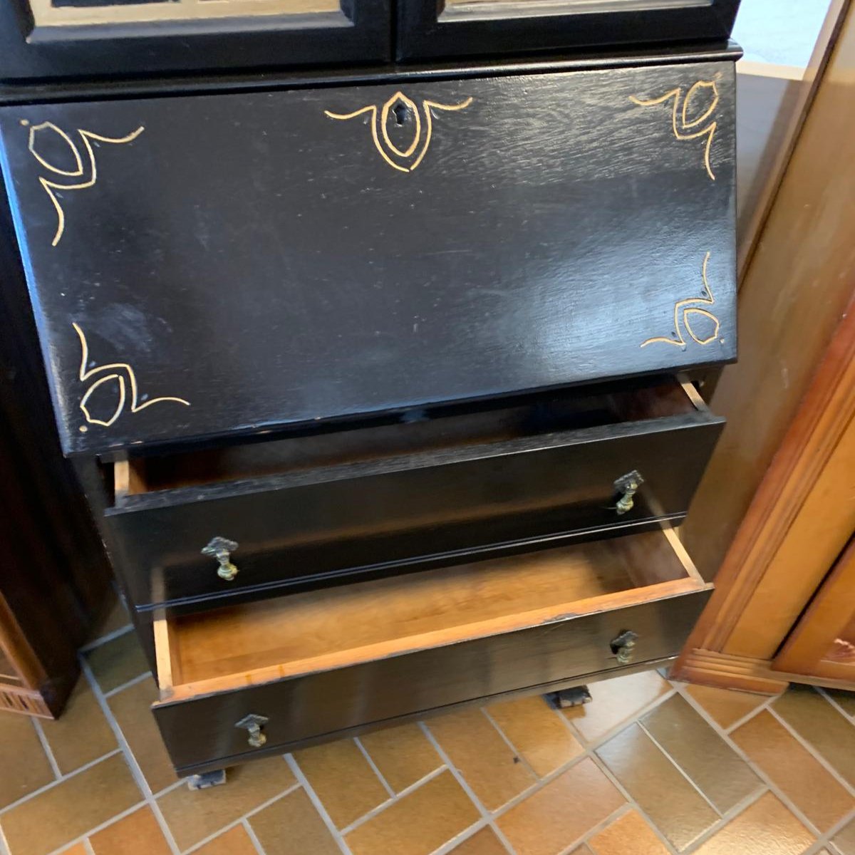 26-inch Wooden Secretary Desk Cabinet in Black & Gold